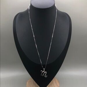 Initial Monogram Letter M with Diamonds Sterling Silver 925 Necklace Giftable